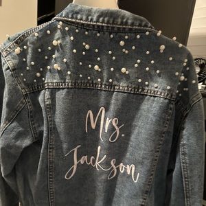 Pearl embellished Jean jacket with embroidered last name